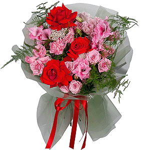 Red rose Nina 50 cm - 5, Spray rose: white, cream, light pink 50 cm - 4, Pink Gladiolus - 3, Pink Lisianthus (Eustoma) - 3, Pink carnation - 3, Ozotamnus, Asparagus setaceus (1 pc.), Wrapping Paper