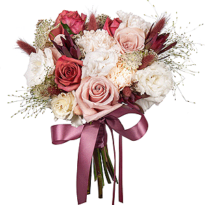 Rose Pink 50 cm Ecuador (Chelo, Hermosa, Novia, Titanik, Engagement, Pink Mondiale) - 3, Rose Red 50 cm Ecuador - 3, Carnation white, cream - 7, lisianthus - 2, Ozotamnus, Dried flowers in assortment, Leukodendron, Salal, Ribbon