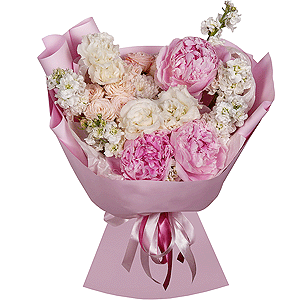 Peony pink - 3, Baltica White Spray Chrysanthemum - 1, lisianthus - 3, Peony sprayrose - 3, White Matthiola - 11, Wrapping Paper