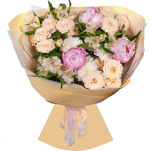 Peony pink - 3, Spray rose: white, cream, light pink 50 cm - 3, Alstromeria white, soft pink - 5, Baltica White Spray Chrysanthemum - 1, Wrapping Paper