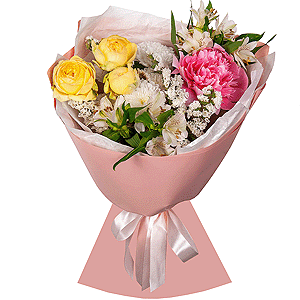 Peony pink - 1, Alstromeria white, soft pink - 4, Spray peony rose  - 1, Baltica White Spray Chrysanthemum - 1, White statice, Wrapping Paper