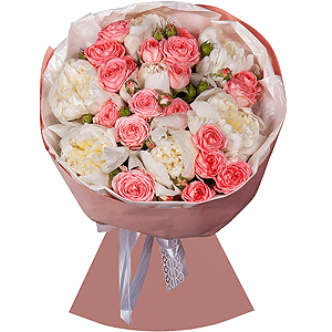 Peony white - 7, Bright pink spray rose mix, 50 cm - 9, Wrapping Paper