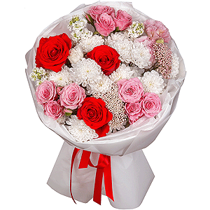 Red rose Nina 50 cm - 7, Bright pink spray rose mix, 50 cm - 9, Pink Lisianthus (Eustoma) - 2, White Matthiola - 3, Baltica White Spray Chrysanthemum - 3, Ozotamnus, Wrapping Paper