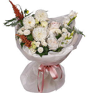White Dahlia - 7, White Gladiolus - 2, Peony style roses - 3, lisianthus - 2,  White Hydrangea - 1, Spray rose: white, cream, light pink 50 cm - 10, Astilbe, Asparagus setaceus (1 pc.), Pistachio, Wrapping Paper