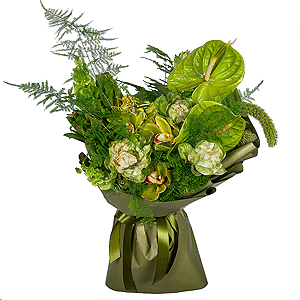 Rose Veggie 50 cm - 5, Green Hydrangea - 1, Green Cymbidium Orchid Bud - 3, Green carnation - 7, Anthurium, Flask for orchids, Leukodendron, Asparagus setaceus (1 pc.), Moluccella, Panicum, Decorative crown, Wrapping Paper