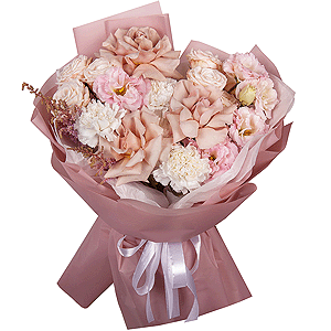 Rose Pink 50 cm Ecuador (Chelo, Hermosa, Novia, Titanik, Engagement, Pink Mondiale) - 7, Peony sprayrose - 2, Carnation white, cream - 7, Pink Lisianthus (Eustoma) - 2, Baltica White Spray Chrysanthemum - 1, Astilbe, Wrapping Paper