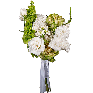 Rose Veggie 50 cm - 5, lisianthus - 3, White Matthiola - 2, Carnation white, cream - 10, Veronica spray, Moluccella, Ribbon