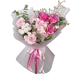 Peony rose pink 'OHara' - 2, Pink Hydrangea - 1, Newton White Spray Chrysanthemum - 8, Pink rose Country Blues 50 cm - 3, Eucalyptus, Limonium (1 pc.), Wrapping Paper, Wrapping Paper