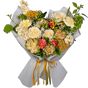 Rose Veggie 50 cm - 5, Rose Yellow 50 cm Ecuador (Mohana, Latina, Brighton) - 3, Yellow carnation - 7, White Matthiola - 3, Alstromeria white, soft pink - 4, Pink carnation - 8, Veronica spray, Moluccella, Pittosporum,  Raspberry branch, Wrapping Paper
