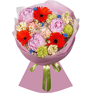 Gerbera daisies - 9, Peony pink - 3, Green carnation - 6, Baltica White Spray Chrysanthemum - 1, Chamomile - 2, White Matthiola - 3, Carnation white, cream - 5, Craspedia, Wrapping Paper
