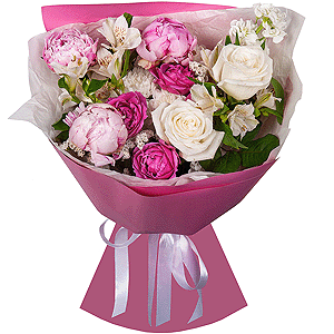 White rose 50 cm Ecuador - 2, Peony pink - 3, Peony sprayrose - 1, White Matthiola - 1, Alstromeria white, soft pink - 9, Baltica White Spray Chrysanthemum - 1, Wrapping Paper, White statice