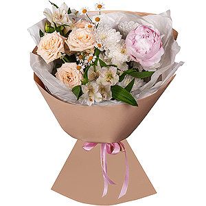 Peony pink - 1, Spray rose: white, cream, light pink 50 cm - 1, Alstromeria white, soft pink - 6, Chamomile - 1, Baltica White Spray Chrysanthemum - 1, Wrapping Paper