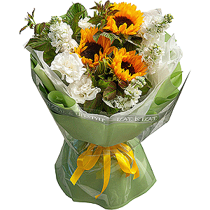 Sunflower - 3, White Matthiola - 8, lisianthus - 3,  Raspberry branch, Wrapping Paper