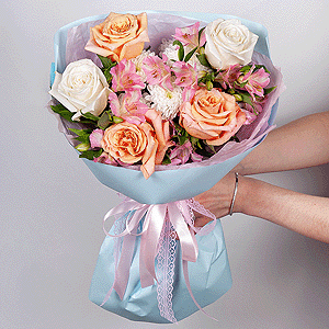 Pink-orange rose Phoenix 50 cm - 3, White rose 50 cm Ecuador - 2, Baltica White Spray Chrysanthemum - 1, Alstromeria white, soft pink - 7, Wrapping Paper