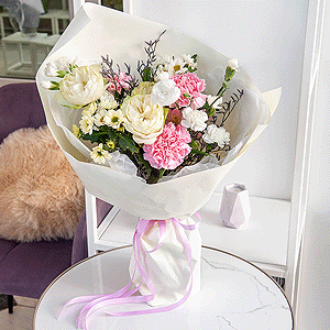 Santini White Spray Chrysanthemum - 3, Spray peony rose  - 3, Pink carnation - 5, White spray carnation - 5, Limonium (1 pc.), Wrapping Paper