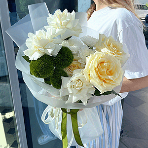 Bacardi White Spray Chrysanthemum - 2, Cream rose Candelaight 50 cm - 5, White rose 50 cm Ecuador - 5, Green carnation - 5, Wrapping Paper