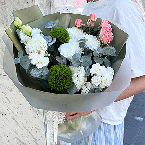 Baltica White Spray Chrysanthemum - 2, lisianthus - 2, Green carnation - 3, Bright pink spray rose mix, 50 cm - 3, White spray carnation - 5, Wrapping Paper, Eucalyptus populus (1 pc.)