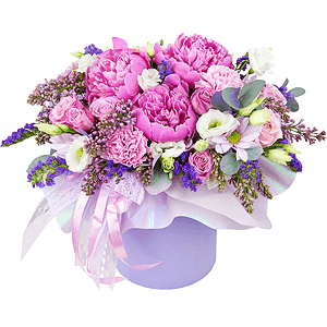 Peony pink - 4, Pink carnation - 4, Peony sprayrose - 4, lisianthus - 3, Lilac Bush - 3, Bacardi Pink Spray Chrysanthemum - 2, Round flower box small , Oasis, Wrapping Paper, Eucalyptus Cinerea, Blue Statice
