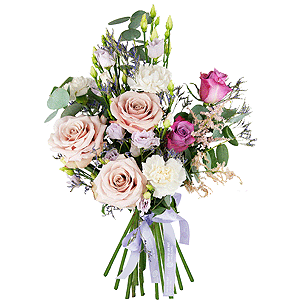 lisianthus - 4, Carnation white, cream - 4, Deep Purple rose - 3, Rose Powder 50 cm Ecuador (Quicksand, Menta) - 4, Limonium (1 pc.), Eucalyptus Cinerea, Ribbon