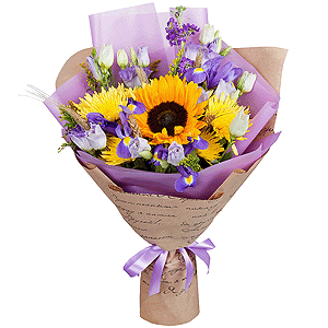 Sunflower - 1, Irises - 3, Baltica Yellow Spray Chrysanthemum - 3, Matthiola Lilac - 2, lisianthus - 2, Purple Lisianthus (Eustoma) - 1, Dried flowers decor, Wrapping Paper