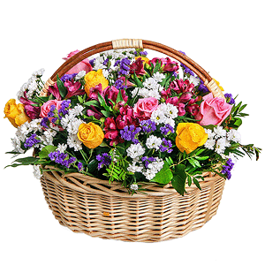Pink rose 50 cm - 11, Yellow rose 50 cm - 10, Santini White Spray Chrysanthemum - 20, Alstromeria lilac, purple - 9, Large Basket, Blue Statice, Pistachio, Oasis