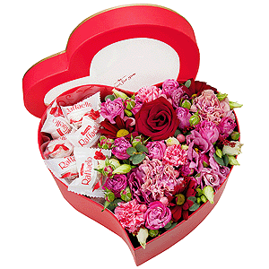 Red rose 50 cm - 3, Bright pink spray rose mix, 50 cm - 3, Pink carnation - 3, Pink spray carnation - 3, Pink Lisianthus (Eustoma) - 2, Bacardi Red Spray Chrysanthemum - 3, Heart‑shaped box for arrangements, Oasis, Film, Box of candies «Raffaello» 150 g, Hypericum, Eucalyptus Cinerea