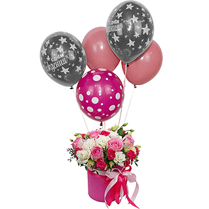 Pink rose 50 cm - 11, lisianthus - 5, Pink spray carnation - 5, Round flower box small , Oasis, Film, Pistachio, Ruscus, Ribbon, Helium Balloon (1 pc.)