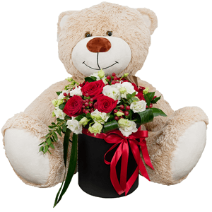 Red rose 50 cm - 15, lisianthus - 8, Round flower box medium, Oasis, Film, Ruscus, Aspidistra (1 pc.), Hypericum, Eucalyptus parvifolia (1 pc.), Teddy bear 70 cm, Ribbon