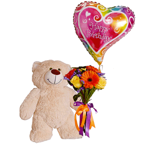 Gerbera daisies - 5, Yellow rose 50 cm - 10, Aspidistra (1 pc.), Blue Statice, Ribbon, Foil balloon, Taddy Bear 45 cm