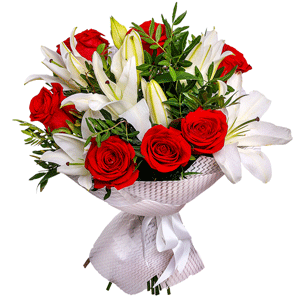 Red rose 50 cm - 11, Lilies - 5, Pistachio, Felt, Ribbon