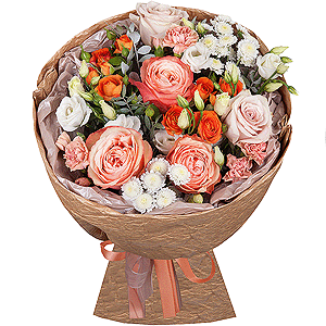 Peony rose Kahala 50 cm - 3, Rose Powder 50 cm Ecuador (Quicksand, Menta) - 2, Athos poms Stallion - 3, Spray rose: yellow, orange 50 cm - 3, lisianthus - 2, Pink spray carnation - 3, Pistachio, Paper luxury, Ribbon
