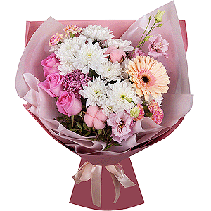 Rose Powder 50 cm Ecuador (Quicksand, Menta) - 3, Pink rose 50 cm - 2, Lilac carnation - 5, Baltica White Spray Chrysanthemum - 3, Pink Lisianthus (Eustoma) - 2, Pink Matthiola - 2, Pink spray carnation - 3, Cream gerbera - 2, Pistachio, Wrapping Paper