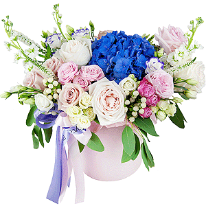 Blue/purple hydrangea - 1, Rose Powder 50 cm Ecuador (Quicksand, Menta) - 7, Peony style roses - 6, White Matthiola - 4, Spray rose: white, cream, light pink 50 cm - 6, Purple Lisianthus (Eustoma) - 5, Round flower box medium, Oasis, Wrapping Paper, Eucalyptus populus (1 pc.), Hypericum, Veronica spray