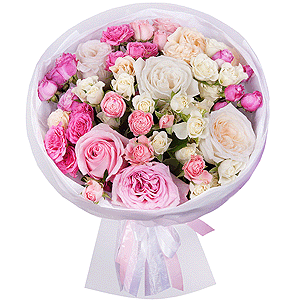 Peony rose pink 'OHara' - 3, White rose 50 cm - 3, Pink rose 50 cm - 3, Spray rose: white, cream, light pink 50 cm - 10, Wrapping Paper