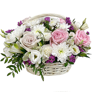 Peony rose pink 'OHara' - 3, Rose Powder 50 cm Ecuador (Quicksand, Menta) - 4, Alstromeria white, soft pink - 4, Baltica White Spray Chrysanthemum - 4, lisianthus - 4, Small Basket, Oasis, Pistachio, Pink Statice