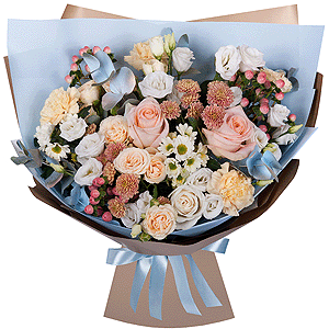 White rose 50 cm - 2, Rose Cream 50 cm - 4, Spray rose: white, cream, light pink 50 cm - 4, lisianthus - 4, Carnation white, cream - 5, Daisy poms Santini pink, purple - 4, Santini White Spray Chrysanthemum - 4, Hypericum, Eucalyptus Cinerea, Wrapping Paper