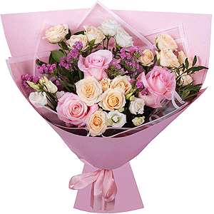 Pink rose 50 cm - 6, Spray rose: white, cream, light pink 50 cm - 4, lisianthus - 3, Pink Statice, Pistachio, Wrapping Paper