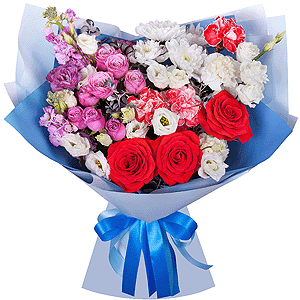 Baltica White Spray Chrysanthemum - 2, Peony sprayrose - 2, Red rose 50 cm - 7, Carnation red - 3, Matthiola Lilac - 2, lisianthus - 3, Carnation spray - 3, Carnation white, cream - 3, Pistachio, Wrapping Paper, Ribbon