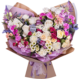 White rose 50 cm - 15, Pink spray carnation - 12, lisianthus - 4, Athos poms Stallion - 2, Santini White Spray Chrysanthemum - 3, Spray rose: white, cream, light pink 50 cm - 11, Pink Matthiola - 3, Pistachio, Fern (1 pc.), Wrapping Paper
