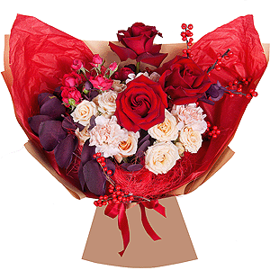 Spray rose: white, cream, light pink 50 cm - 3, Red rose 50 cm - 5, Carnation white, cream - 5, Spray rose: red 50 cm - 3, Eucalyptus Cinerea, Ilex, Wrapping Paper, Sisal