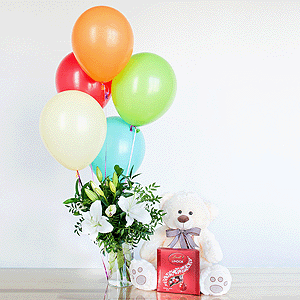 Gift set "Lilies, teddy bear, balloons and sweets" with delivery Tula