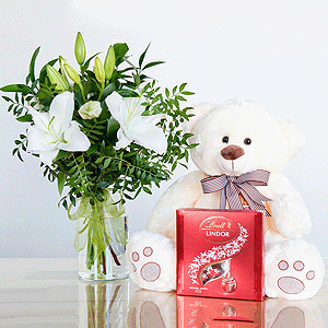 Gift set "Lilies, teddy bear and sweets" with delivery Tula