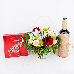 Gift set with lilies, sweets and non-alcoholic wine with delivery Tula