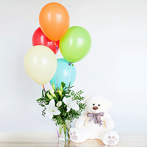 Gift set "Teddy bear, lilies and balloons" with delivery Tula