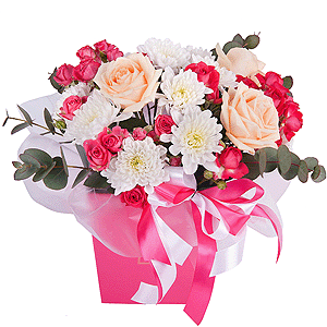 Rose Cream 50 cm - 5, Baltica White Spray Chrysanthemum - 4, Bright pink spray rose mix, 50 cm - 4, Composition Box, Oasis, Eucalyptus Cinerea, Wrapping Paper