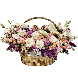 White rose 50 cm Ecuador - 35, Peony rose pink 'OHara' - 27, Bright pink spray rose mix, 50 cm - 24, Peony sprayrose - 17, Pink carnation - 25, Pink lily - 5, Pink Hydrangea - 3, Lilac Bush - 21, Ranunculus Pink - 28, Pink Matthiola - 13, lisianthus - 13, Peony pink - 13, Carnation white, cream - 25, Huge basket, Oasis, Eucalyptus Cinerea, Hypericum, Viburnum