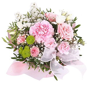 Pink carnation - 3, Gypsophila - 1, Bright pink spray rose mix, 50 cm - 2, Pink spray carnation - 2, Athos pom Feeling Green - 2, White statice, Pistachio, Oasis, Wrapping Paper