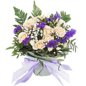 Spray rose: white, cream, light pink 50 cm - 3, Gypsophila - 1, lisianthus - 1, Blue Statice, Oasis, Pistachio, Fern (1 pc.), Wrapping Paper