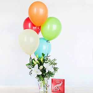 Lilies - 3, Pistachio, Ruscus, Ribbon, Lindt Candy Box, Helium Balloon (1 pc.)