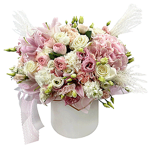 Pink Hydrangea - 3, White rose 50 cm - 15, lisianthus - 4, Pink lily - 2, Peony sprayrose - 9, Carnation white, cream - 18, White Matthiola - 8, Pink Lisianthus (Eustoma) - 5, Round flower box medium, Wrapping Paper, Oasis, Dried flowers in assortment